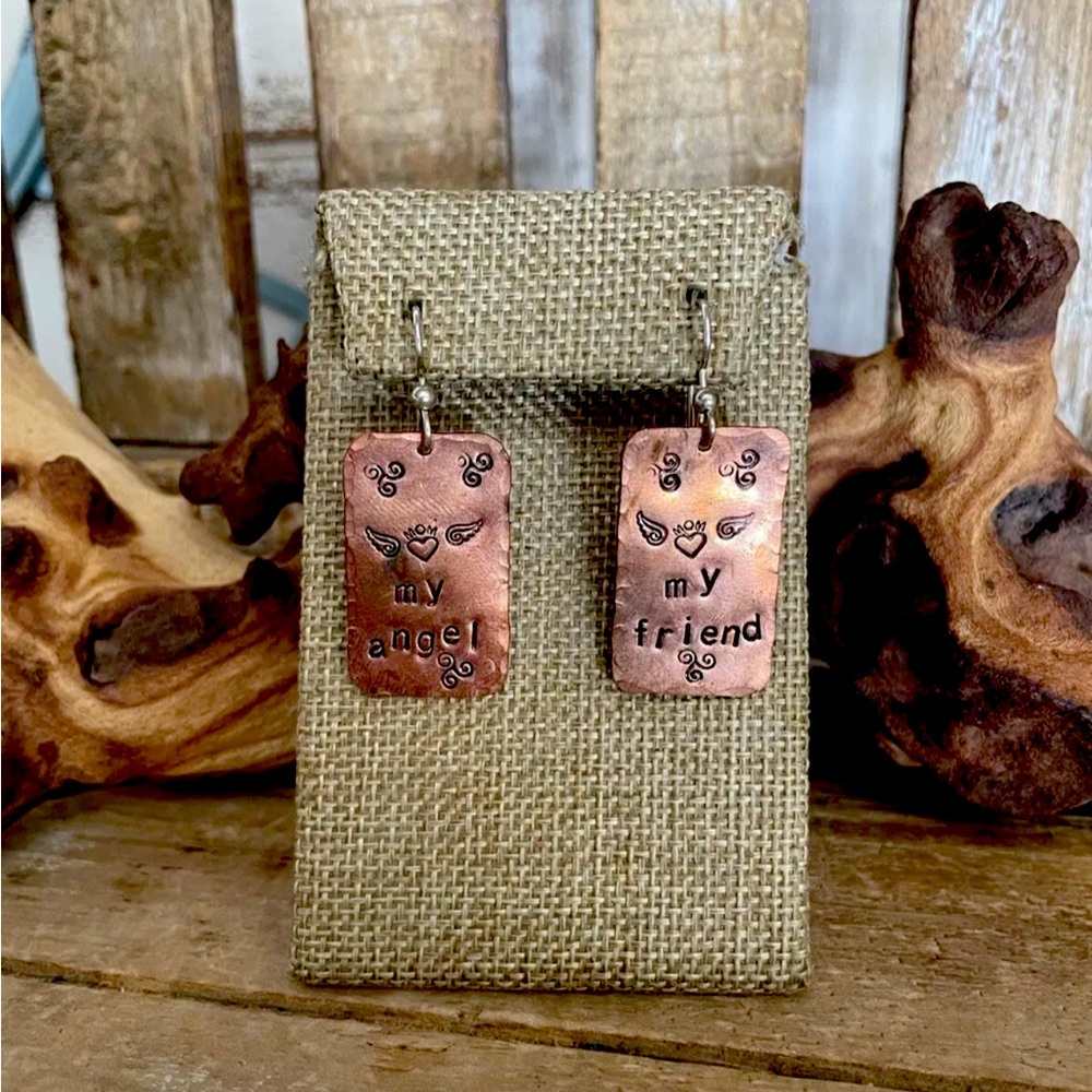 Mom My Angel My Friend Stamped Copper Dangle Earrings NEW! - Picture 2 of 2